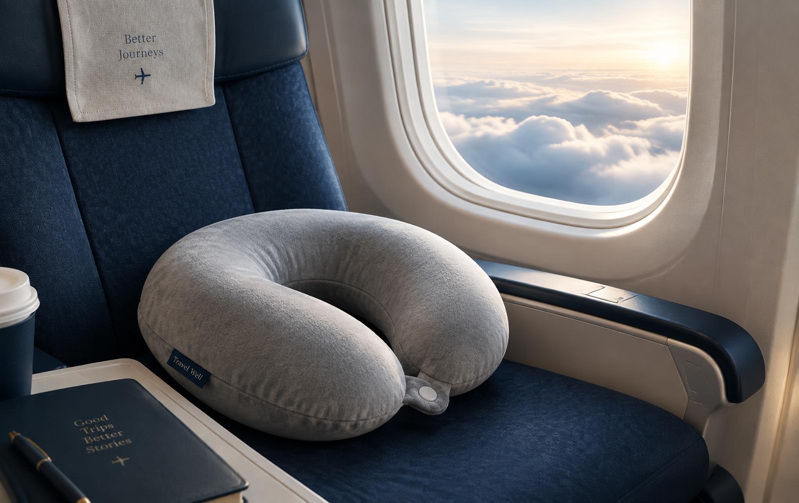 Grey neck pillow on an aeroplane window seat